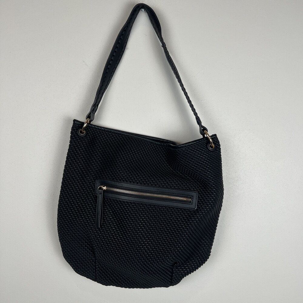 Sondra Roberts Squared Black Woven Shoulder Bag large tote Gold